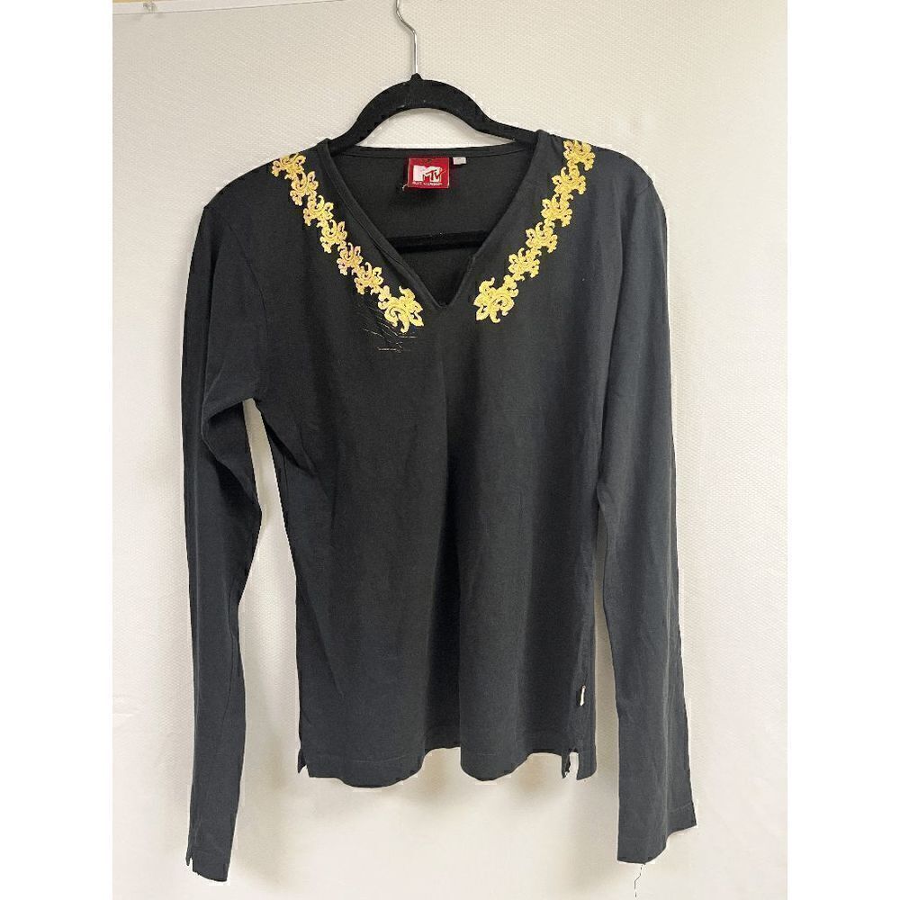 MTV Womens Pullover Casual V neck Long Sleeve T Shirt Black Size Medium